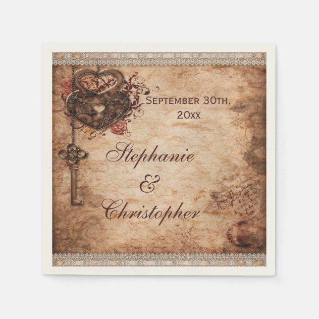 Vintage Hearts Lock and Key Personalisiert Wedding Serviette (Vorderseite)