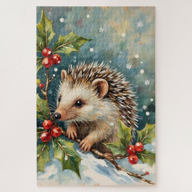 Vintage Hedgehog Among Holly Christmas (Vertikal)
