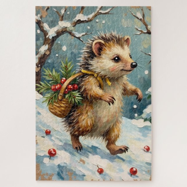 Vintage Hedgehog with Christmas Berry Basket (Vertikal)