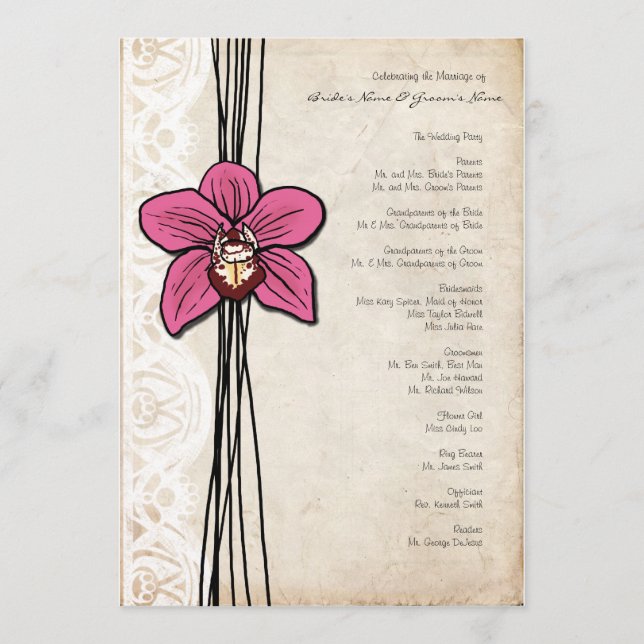 Vintage hellrosa Orchideen-Hochzeitsprogramm Programm (Vorderseite)