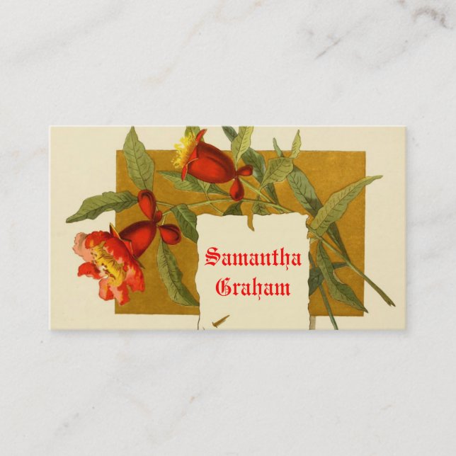 Vintage, hellrote Granatapfelkrane Blume Visitenkarte (Vorderseite)
