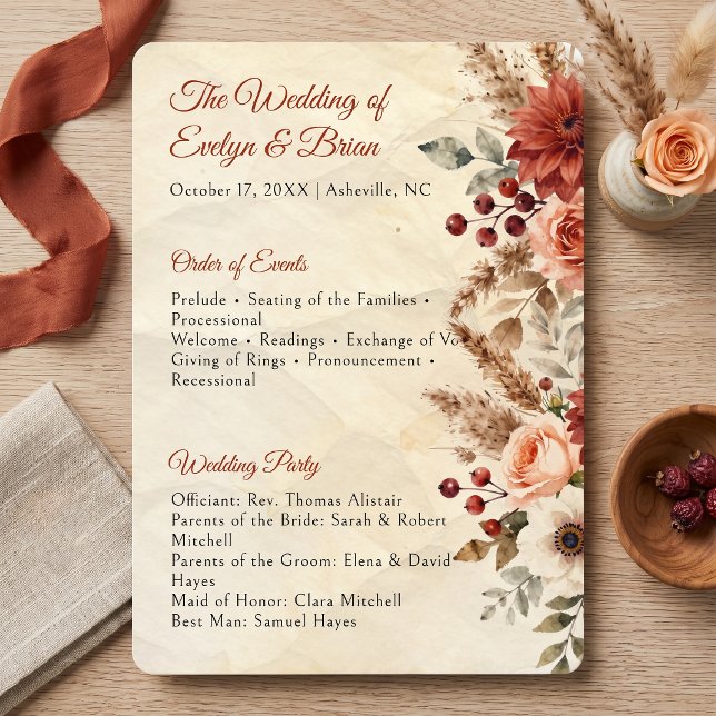 Vintage Herbst Burgunder Pfirsich Blumenhochzeit Programm (Von Creator hochgeladen)