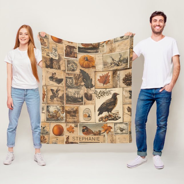 Vintage-Herbst-Collage-Muster | Rustikale Ephemera Fleecedecke (Beispiel)