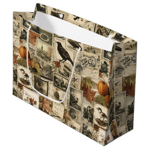 Vintage-Herbst-Ephemera-Collage Rustikale Vögel Große Geschenktüte