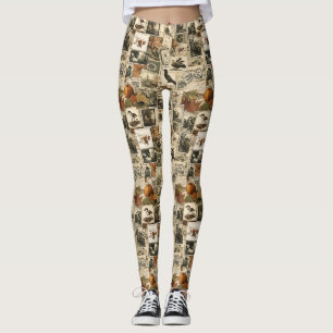 Vintage-Herbst-Ephemera-Kollage Rustikale Vögel Leggings
