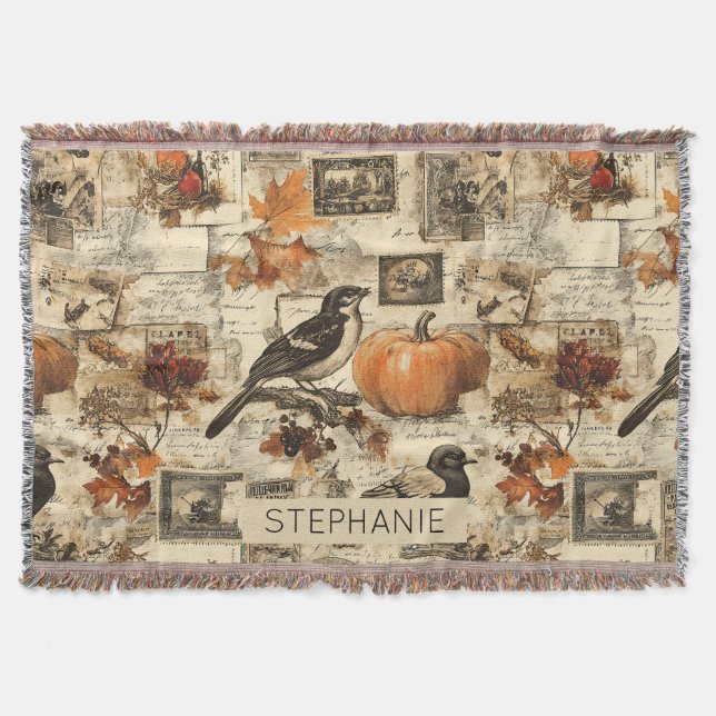 Vintage-Herbst-Ephemeren-Collage | Rustikale Vögel Decke (Vorderseite)