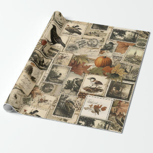 Vintage-Herbst-Ephemeren-Collage Rustikale Vögel Geschenkpapier