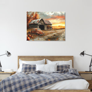 Vintage Herbst Landstraße und Scheune 32x24 Leinwanddruck