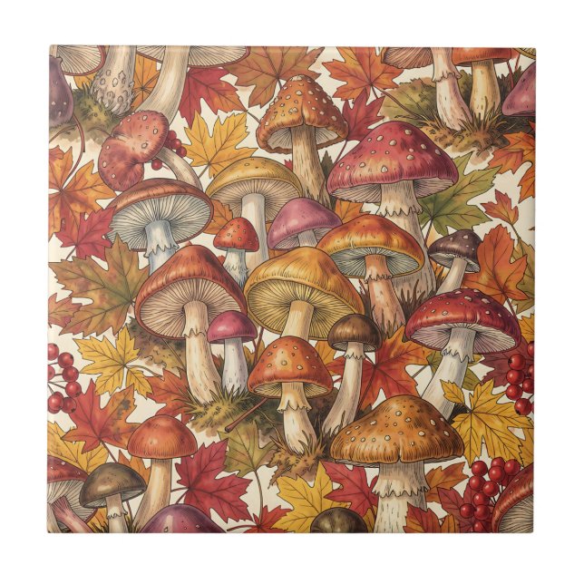 Vintage-Herbst-Pilz-Wald-Botanik-Muster Fliese (Vorderseite)