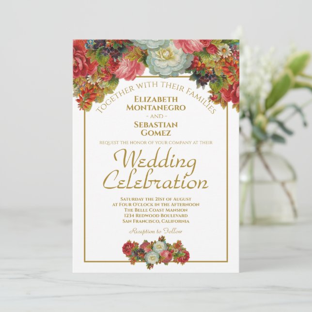 Vintage Herbstblütenhochzeit Einladung (Stehend Vorderseite)
