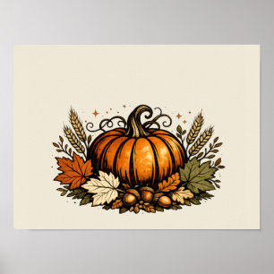Vintage Herbstkürbis und Ernteblätter Poster