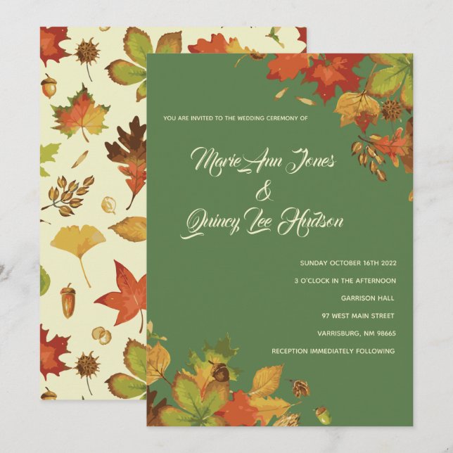 Vintage Herbstlaub Hochzeitsfeiern Grün Einladung (Vorne/Hinten)
