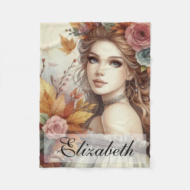 Vintage Herbstprinzessin mit Herbstblättern Fleecedecke (Vorderseite)