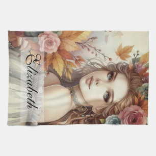 Vintage Herbstprinzessin mit Herbstlaub Geschirrtuch