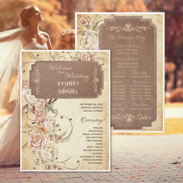 Vintage-Herbstrosen-Hochzeitsprogramm (Von Creator hochgeladen)
