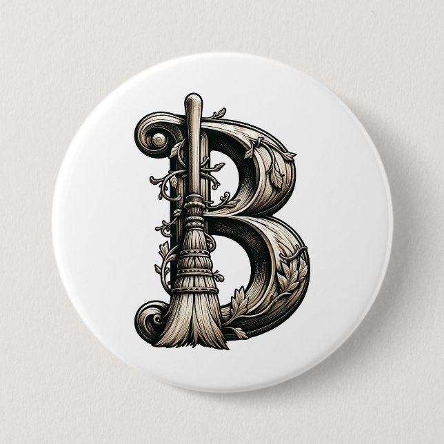 Vintage Hexe Broom B Halloween Button (Vorderseite)