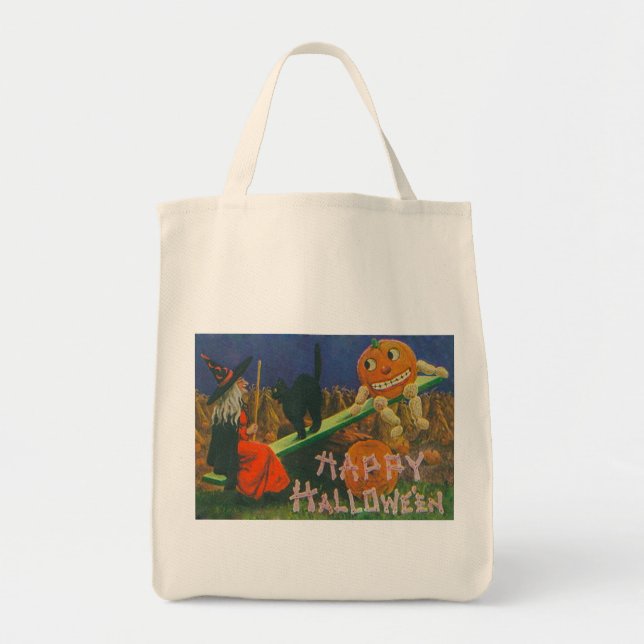 Vintage Hexe & Jack o' Lanterns Spielzeit Tragetasche (Vorne)