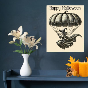 Vintage Hexe & Kürbis-Fallschirm Halloween Poster
