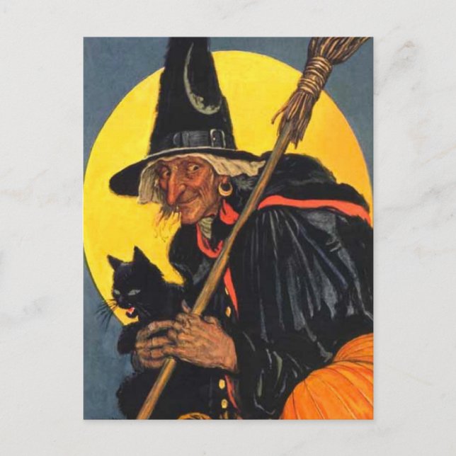 Vintage Hexe mit schwarzer Katze Postkarte (Vorderseite)