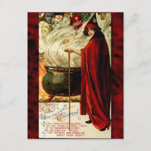 Vintage-Hexe und Kessel Halloween Feiertagspostkarte