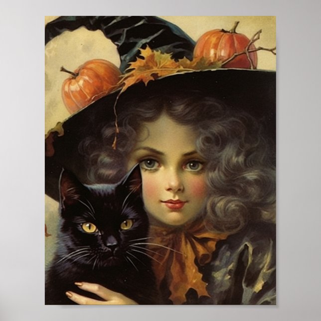 Vintage Hexe und Schwarze Katze Halloween Poster (Vorne)
