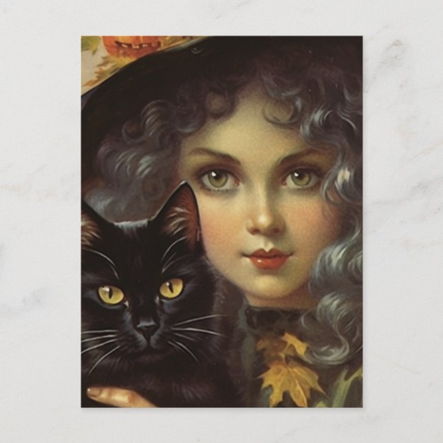 Vintage Hexe und Schwarze Katze Postkarte (Vorderseite)