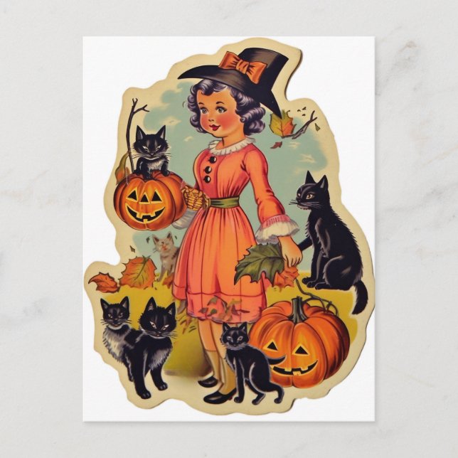 Vintage Hexe und Schwarze Katzen Halloween Postkarte (Vorderseite)