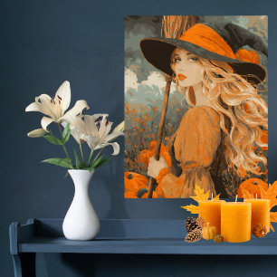 Vintage Hexenbesen Kürbis Elegantes Halloween Poster