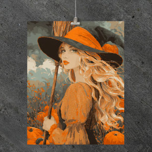 Vintage Hexenbesen Kürbis Elegantes Halloween  Poster
