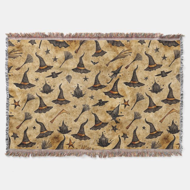 Vintage Hexenhats & Broomsticks Halloween Muster Decke (Vorderseite)