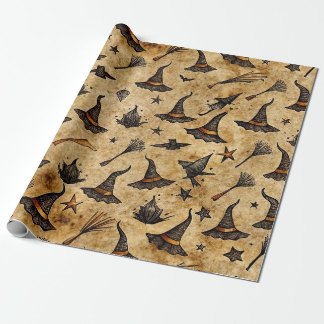 Vintage Hexenhats & Broomsticks Halloween Muster Geschenkpapier (Ungerollt)