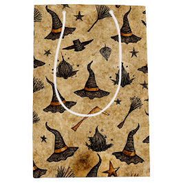 Vintage Hexenhats & Broomsticks Halloween Muster Mittlere Geschenktüte