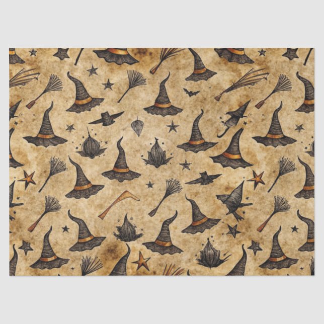 Vintage Hexenhats & Broomsticks Halloween Muster Seidenpapier (Vorderseite)