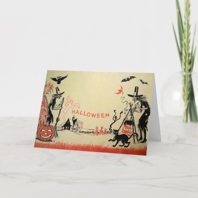 Vintage Hexenkarte Halloween Feiertagskarte (Vorderseite)