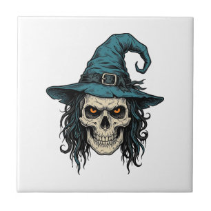 Vintage-Hexenschädel-Halloween-Vektor-Shirt-Design Fliese