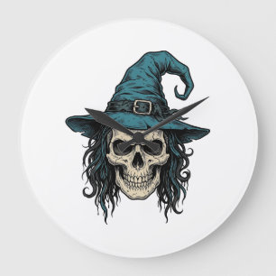 Vintage-Hexenschädel-Halloween-Vektor-Shirt-Design Große Wanduhr