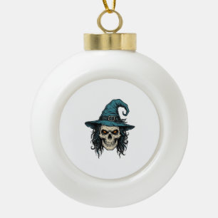 Vintage-Hexenschädel-Halloween-Vektor-Shirt-Design Keramik Kugel-Ornament