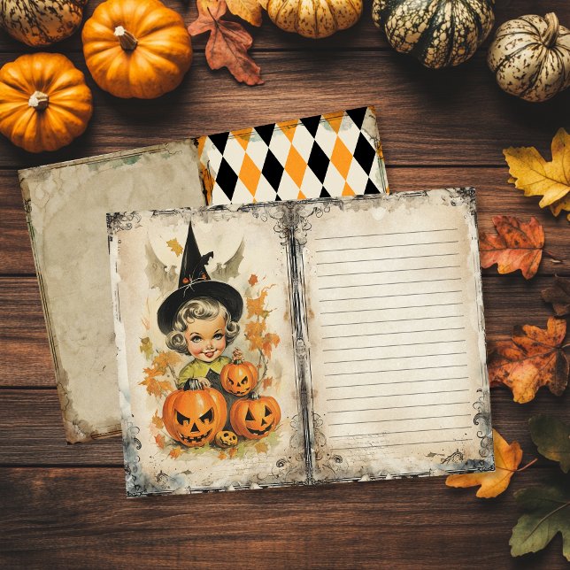 Vintage Hexenzeitschrift Junk Journal (Vintage Halloween Junk Journal Page featuring cute witch and pumpkins)