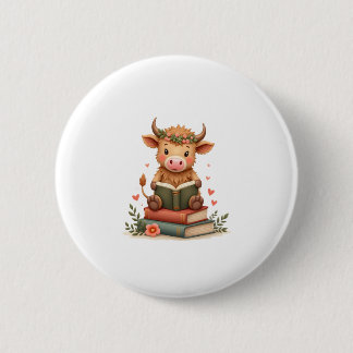 Vintage Highland-Rind liest Bücher Floral Süße Büc Button