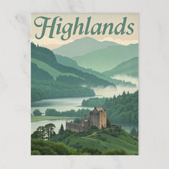 Vintage Highlands Misty Loch & Castle Postkarte (Von Creator hochgeladen)