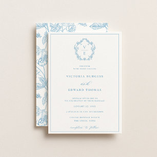 Vintage Himmelblau-Wappen-Monogramm-Hochzeit Einladung