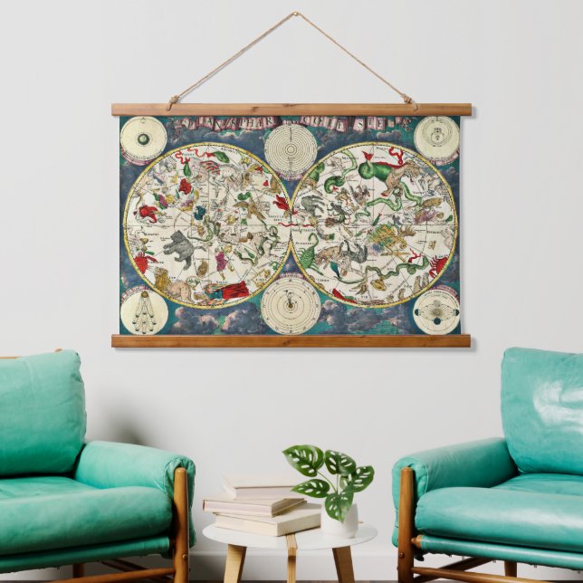 Vintage Himmelskarte der Sternbilder 1670 Wandteppich Mit Holzrahmen (Wohnzimmer)