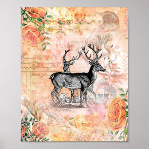 Vintage-Hirsch-Blumen-Collage Poster