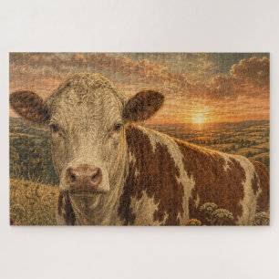 Vintage-Hochlandkuh-Sonnenuntergangs-Illustration