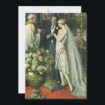 Vintage Hochzeit, Braut und Bräutigam mit Menorah<br><div class="desc">Vintage Illustration Liebe und romanische Hochzeitszeremonie mit einem Ehepaar,  das in einer schönen Synagoge mit Buntglasfenstern,  Blume und einer sieben Zweigstellen-Menorah heiraten wird. Die Braut trägt ein langes weißes Hochzeitskleid und der Bräutigam ist gut aussehend in seinem Smoking.</div>
