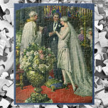 Vintage Hochzeit, Braut und Bräutigam mit Menorah<br><div class="desc">Vintage Illustration Liebe und romanische Hochzeitszeremonie mit einem Ehepaar,  das in einer schönen Synagoge mit Buntglasfenstern,  Blume und einer sieben Zweigstellen-Menorah heiraten wird. Die Braut trägt ein langes weißes Hochzeitskleid und der Bräutigam ist gut aussehend in seinem Smoking.</div>