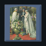 Vintage Hochzeit, Braut und Bräutigam mit Menorah Magnet<br><div class="desc">Vintage Illustration Liebe und romanische Hochzeitszeremonie mit einem Ehepaar,  das in einer schönen Synagoge mit Buntglasfenstern,  Blume und einer sieben Zweigstellen-Menorah heiraten wird. Die Braut trägt ein langes weißes Hochzeitskleid und der Bräutigam ist gut aussehend in seinem Smoking.</div>