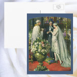 Vintage Hochzeit, Braut und Bräutigam mit Menorah Postkarte<br><div class="desc">Vintage Illustration Liebe und romanische Hochzeitszeremonie mit einem Ehepaar,  das in einer schönen Synagoge mit Buntglasfenstern,  Blume und einer sieben Zweigstellen-Menorah heiraten wird. Die Braut trägt ein langes weißes Hochzeitskleid und der Bräutigam ist gut aussehend in seinem Smoking.</div>
