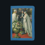 Vintage Hochzeit, Braut und Bräutigam mit Menorah Trifold Geldbörse<br><div class="desc">Vintage Illustration Liebe und romanische Hochzeitszeremonie mit einem Ehepaar,  das in einer schönen Synagoge mit Buntglasfenstern,  Blume und einer sieben Zweigstellen-Menorah heiraten wird. Die Braut trägt ein langes weißes Hochzeitskleid und der Bräutigam ist gut aussehend in seinem Smoking.</div>