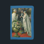 Vintage Hochzeit, Braut und Bräutigam mit Menorah Trifold Geldbörse<br><div class="desc">Vintage Illustration Liebe und romanische Hochzeitszeremonie mit einem Ehepaar,  das in einer schönen Synagoge mit Buntglasfenstern,  Blume und einer sieben Zweigstellen-Menorah heiraten wird. Die Braut trägt ein langes weißes Hochzeitskleid und der Bräutigam ist gut aussehend in seinem Smoking.</div>